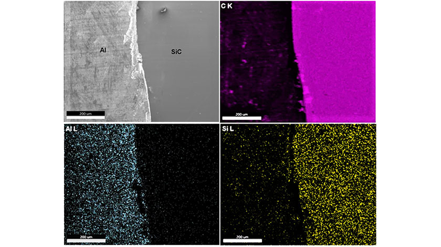 EDS elemental maps of an Al tape on SiC were collected at 2 kV using a Si3N4 window SDD detector. Al L (73 eV) and Si L (92 eV) are separated in the maps.
