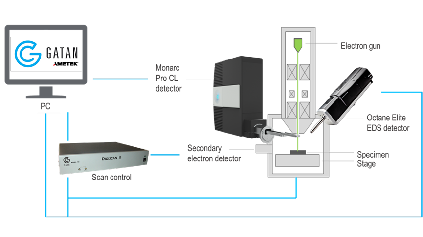 Schematic layout of the experiment. The Monarc CL detector and Octane Elite EDS detector are attached to an SEM. CL and EDS spectra are captured within DigitalMicrograph software with beam control by the DigiScan scan control system.