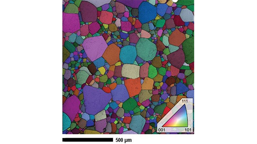 Orientation map overlaid on an intensity map based on EBSD pattern quality on a hot-pressed MgAl2O4 sample.