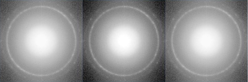 When a Fourier transform (FFT) is calculated, each image appears to be bordered by a neighboring FFT; at 39kx the signal from an image of gold is contained within the original border.