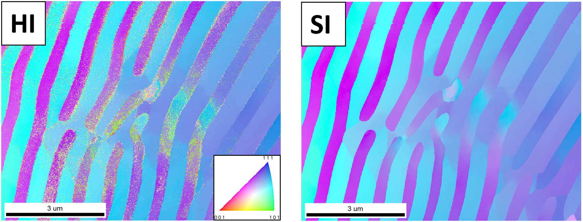 IPF ND orientation maps of the TKD dataset. Left) Initial Hough indexing shows scattered misindexed pixels at boundaries and in high strain regions. Right) Spherical indexing suppresses these artifacts and sharpens boundary definition.