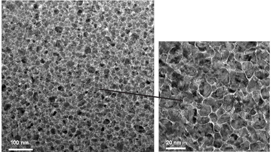TEM micrographs of two different growth conditions of FePt thin films. Specimens prepared in PIPS II and imaged in a JEOL 2000 EX TEM.