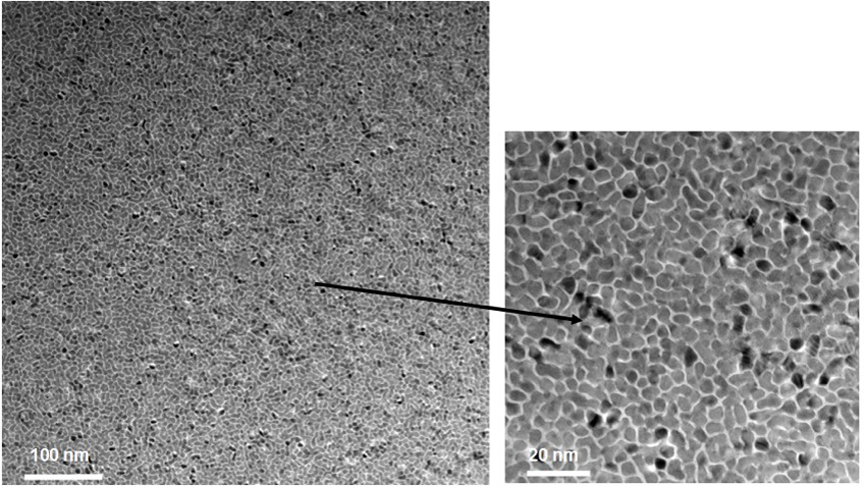 TEM micrographs of two different growth conditions of FePt thin films. Specimens prepared in PIPS II and imaged in a JEOL 2000 EX TEM.