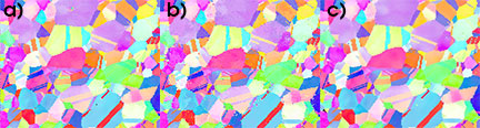 Shows a) the result of indexing high-quality patterns, b) spherical harmonic indexing at a bandwidth of 63 and Euler grid of 1283 without refinement, and c) at a bandwidth of 63 with refinement.