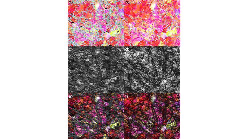 Hough indexing struggles to index when pattern quality is reduced by a) high deformation, but b) spherical indexing is robust against significantly degraded pattern quality. Note that the d) spherical indexing confidence index strongly correlates with c) image quality but is high even in some regions with extremely low IQ.