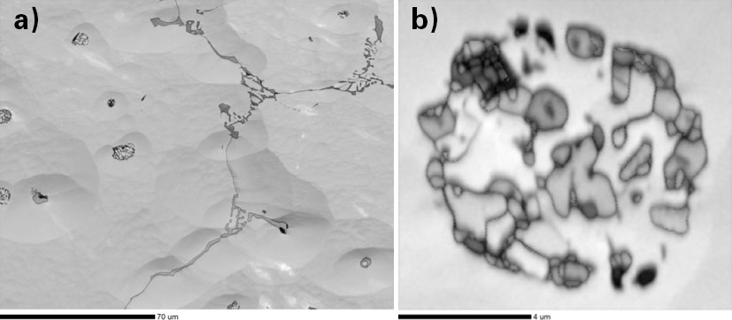 Spherical indexing confidence index maps of a) precipitates and b) precipitate clusters within a 6xxx aluminum alloy.