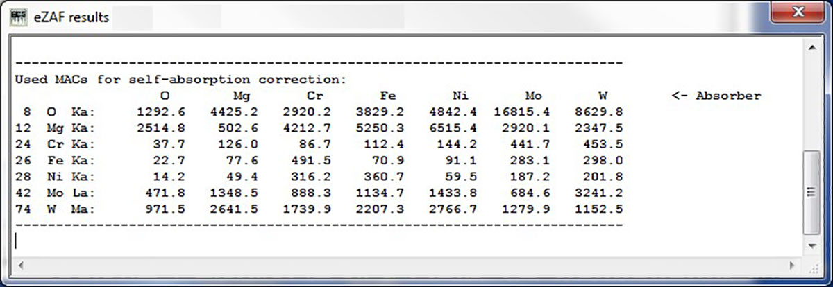 The used MAC values for an eZAF Quant evaluation with seven elements that are assumed in the specimen.