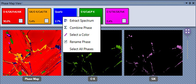 Phase map and elemental maps of the blue phase from a sampling area inside the phenocryst. The blue phase has been renamed quartz because it is composed of Si and O and confirmed by extracted spectra.