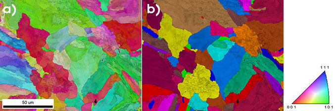 a) Inverse pole figure (IPF) orientation map and b) grain map from an additively manufactured 316-L stainless steel sample.