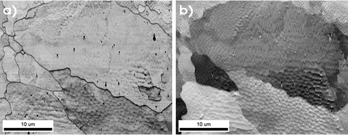 Visualization of a rapid solidification cellular microstructure developed during additive manufacturing using a) EBSD image quality and b) PRIAS center signals.