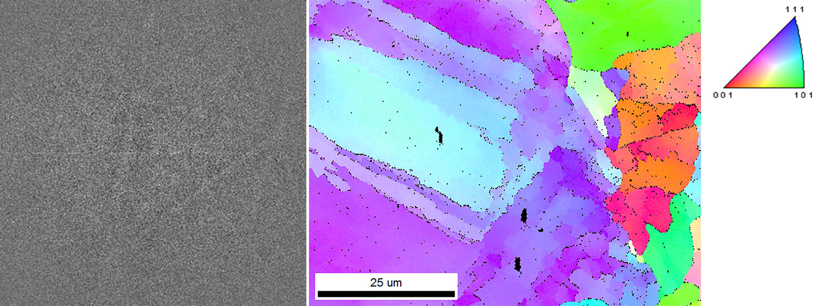 (left) EBSD pattern with average 10 electrons per pixel and (right) IPF map of 3D printed steel collected using 13 pA beam current.