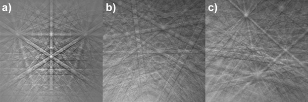 High-quality EBSD patterns collected with Clarity from a) silicon, b) olivine, and c) quartz.