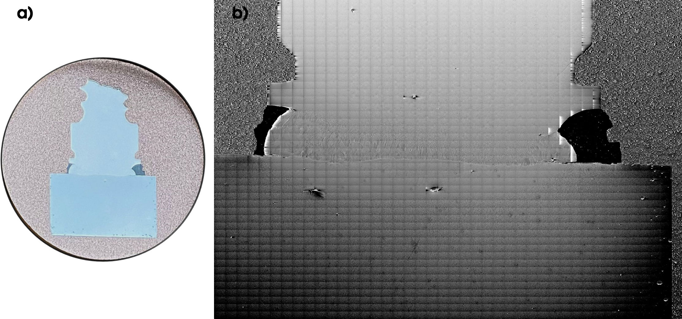 a) The polished sample in 3 cm resin mount. b) An SEM secondary electron montage image of the stud weld contact. (1806 fields, 15.7 x 10.7 mm).
