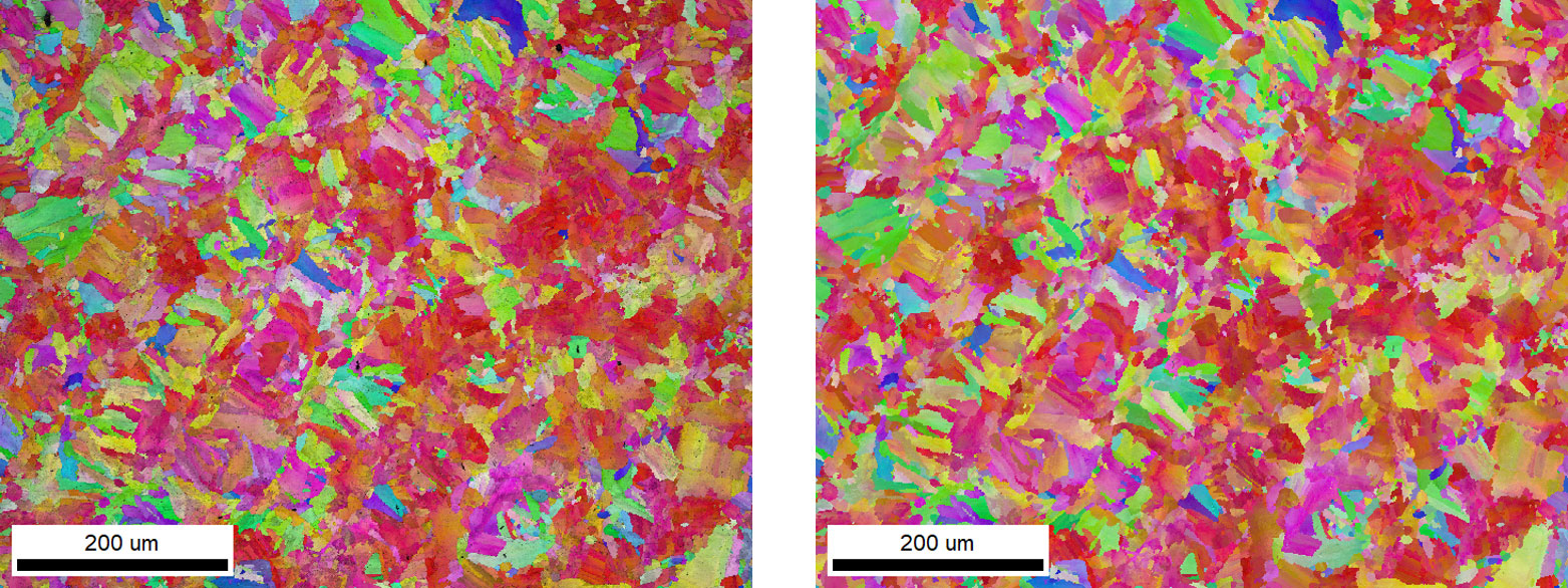 IPF map combined with Image Quality (left) and PRIAS center (right) contrasts.