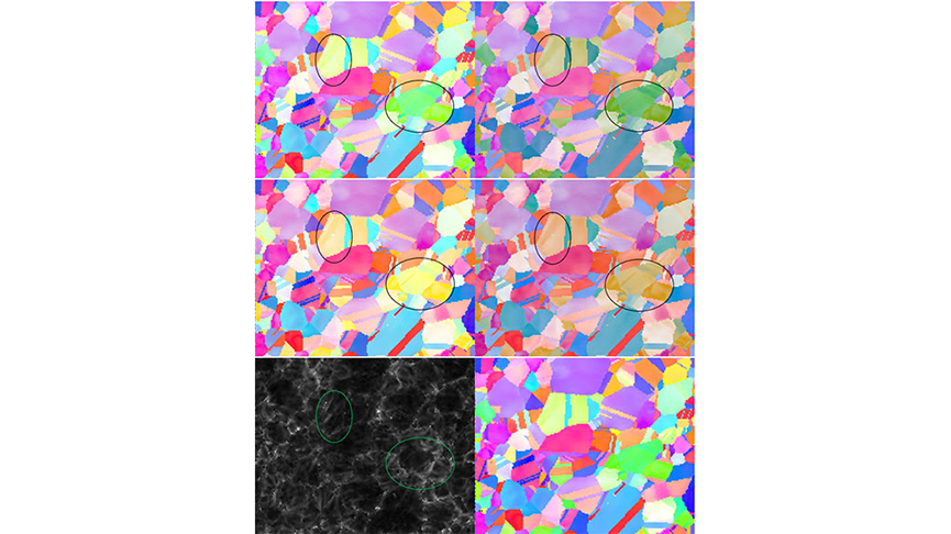 A nickel dataset is IPF colored with saturated (left) and perceptually uniform (right) color maps using traditional (top) and CVD (middle) colors. Notice that some significant orientation gradients in the KAM map (bottom left) are visible with perceptually uniform colors but may be invisible if the orientation falls in a low contrast region of the saturated color map. OIM Analysis v8 coloring is shown in the bottom right.