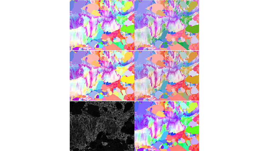 A partially recrystallized steel dataset is IPF colored with saturated (left) and perceptually uniform (right) color maps using traditional (top) and CVD (middle) colors. Notice that orientation gradients are over-emphasized in darker regions of the saturated color maps (blue and purple) and under-emphasized in brighter regions (green, yellow, and cyan).