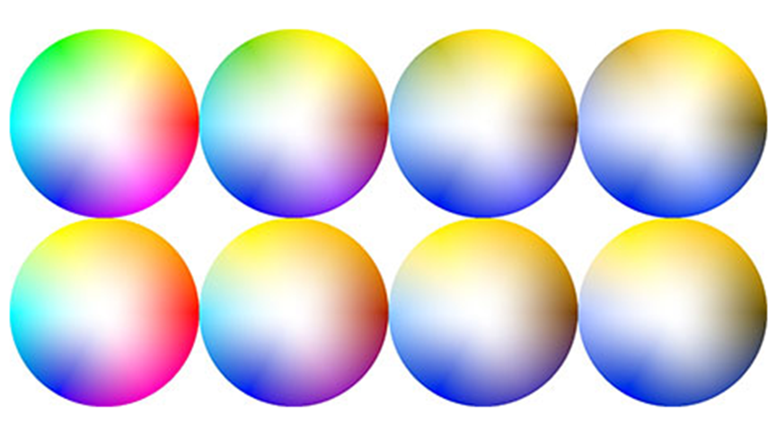 Deuteranomaly is simulated with increasing severity from left to right (normal, 30%, 70%, 100%/Deuteranopia) for the traditional (top) and CVD (bottom) saturated palettes. Notice that in the far-right column, the traditional map has different directions with the same color, while the CVD map is significantly less ambiguous.