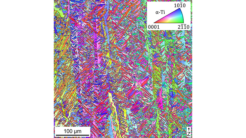 Ti-6Al-4V created by a form of AM called electron-beam melting powder-bed fusion. This map of grain orientations reveals an anisotropic microstructure, with respect to the build direction (Z). In this case, the internal porosity was sealed by a standard hot isostatic pressing treatment.