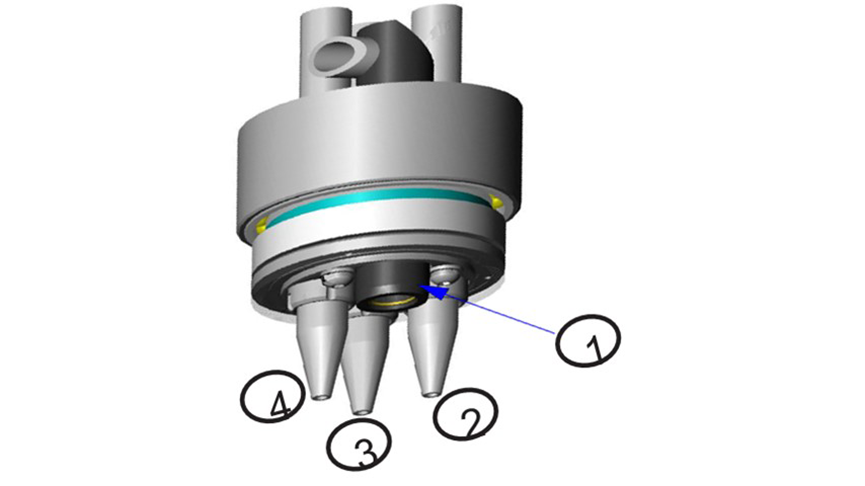 The unique four-position turret. Position 1 is the high magnification video, and position 2 is the 30 μm polycapillary Xx-ray optic. Position 3 and 4 are 1 mm and 2 mm collimators, respectively.