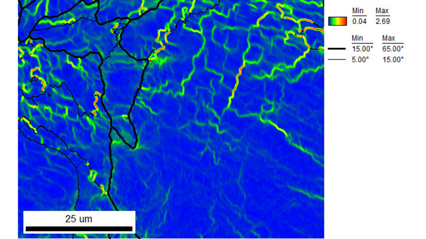 LOS map showing the location of the subgrain boundaries and structure that developed during the additive manufacturing process using the 8th nearest neighbor kernel to calculate the local spread in orientation.