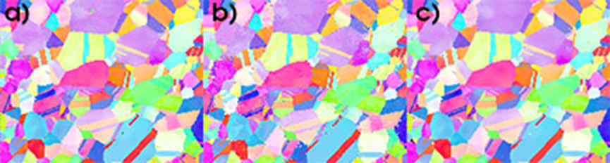 Shows a) the result of indexing high-quality patterns, b) spherical harmonic indexing at a bandwidth of 63 and Euler grid of 1283 without refinement, and c) at a bandwidth of 63 with refinement.