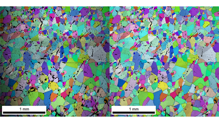 Excellent results are possible even with a single pattern center used for the entire dataset. Vignetting is visible in a) an IPF+IQ map of Hough indexing with a fixed pattern center. The field is flat over the entire area for b) an IPF+CI map of spherical indexing with a fixed pattern center.