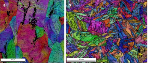 Detail maps of the grain structure in a) the weak and b) the strong screw.