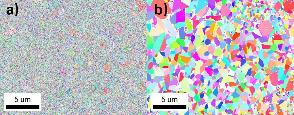 IPF map of a NdFeB sample with a) Hough indexing (indexing success rate 2.3%) and b) spherical indexing (indexing success rate 92%).