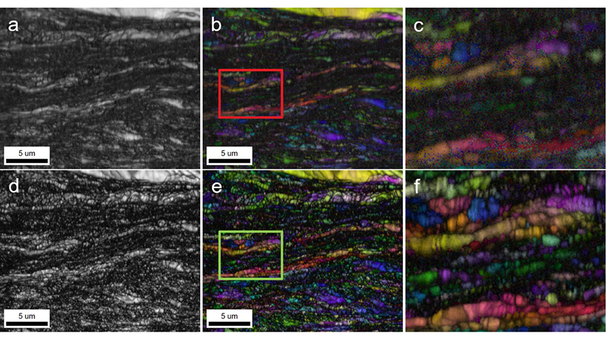 a) An IQ image using the Hough transform method. b) An IQ+IPF image using the Hough transform method. c) Enlarged details of the IQ+IPF image (highlighted in the red box) using the Hough transform method. d) A CI (DP) image using dictionary indexing. e) A CI (DP)+IPF image using dictionary indexing. f) Enlarged details of the CI (DP)+IPF image (highlighted in the green box) using dictionary indexing.