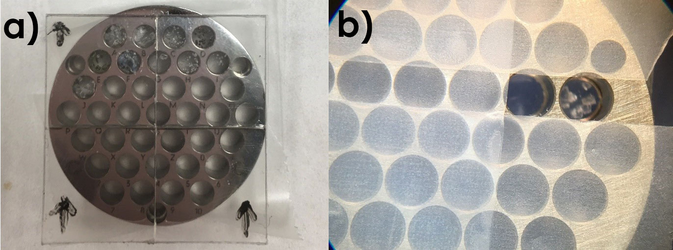 Positioning grains within the holes of the retainer.