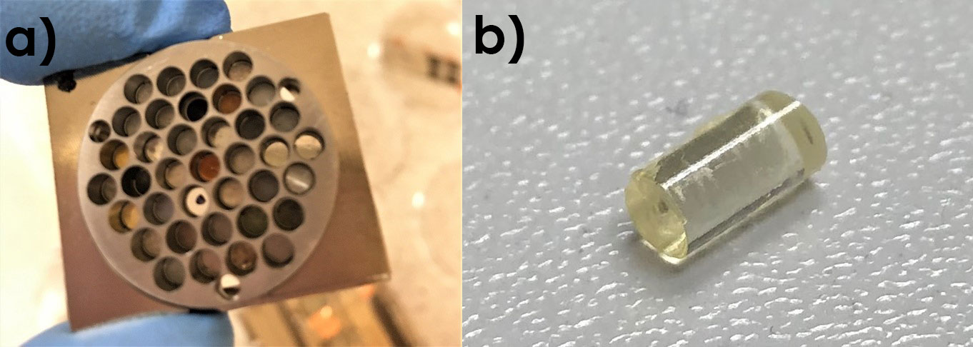 a) The back of a commercial metal standard mount. b) A tiny cylindrical mount that can fit into the retainer holes.