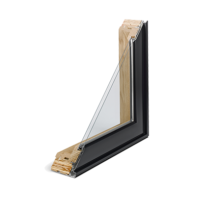 A corner section of an E-Series Casement Window with a black extruded-aluminum-clad exterior and white oak interior.