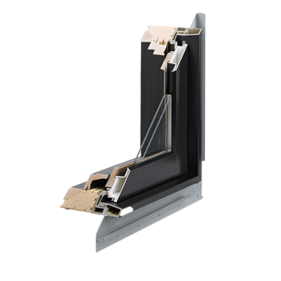 A corner section of an A-Series Casement Window with a black painted interior and black fiberglass-composite exterior.