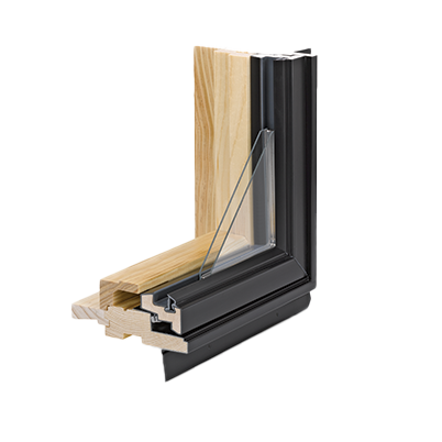 A corner section of a black 400 Series Casement Window with contemporary profiles and Perma-Shield cladding on the exterior.