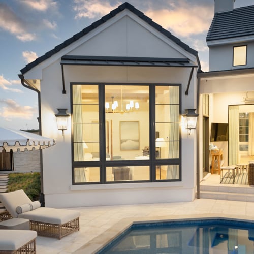 Cozy backyard with pool at dusk