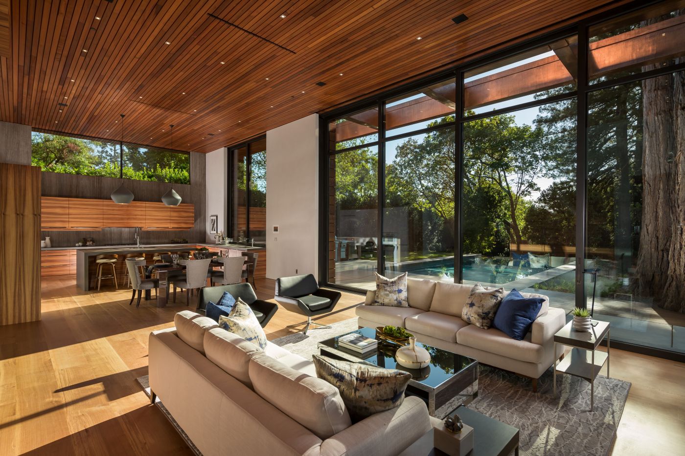 A large closed Liftslide Door in a living room area with wood paneling leading to an outdoor pool. 