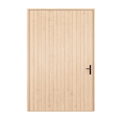 Big wood panel pivot door with black hardware