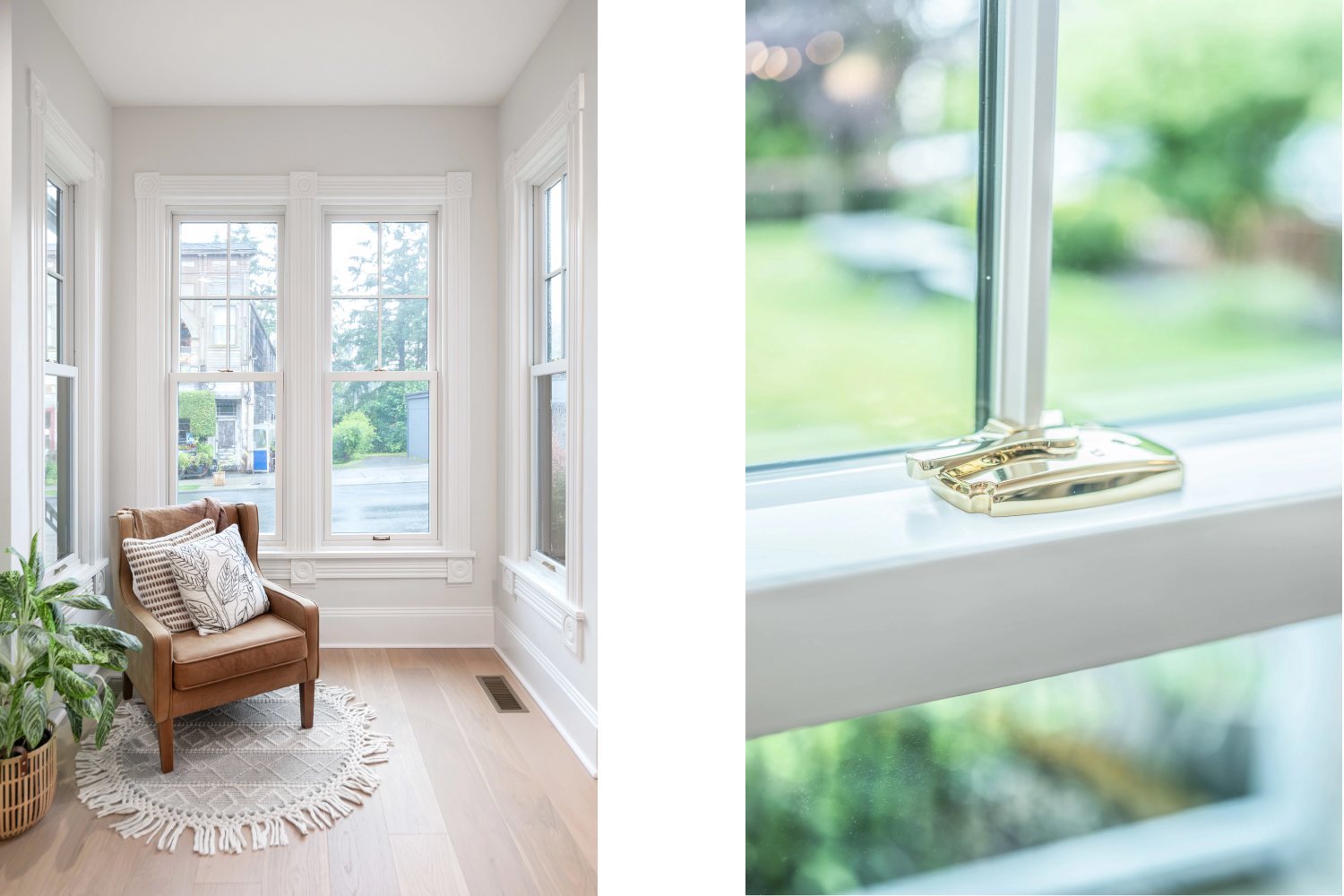 Close up of a lock on new white Renewal by Andersen windows
