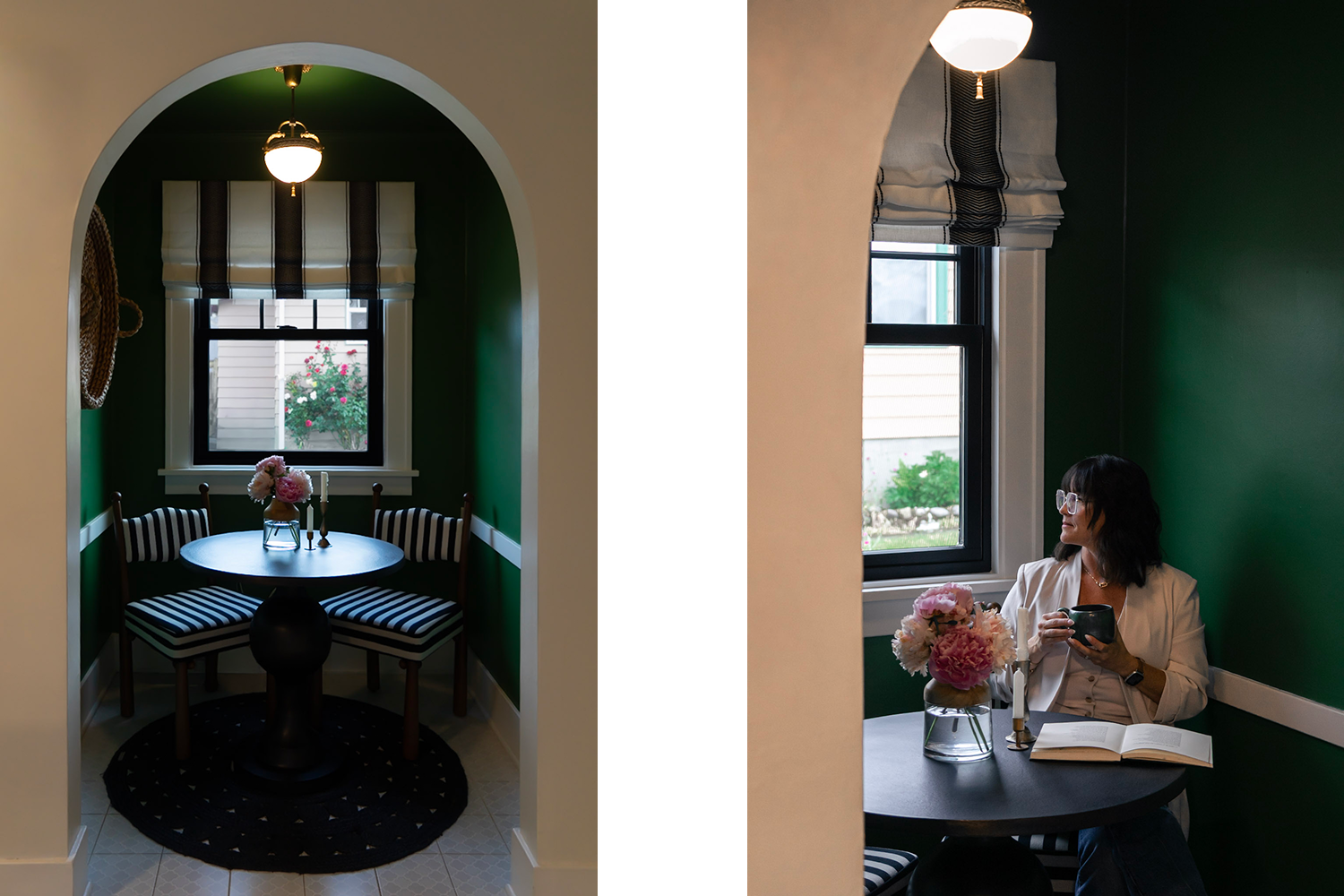 An entry way with a black acclaim double hung window and a rose bowl and a black table
