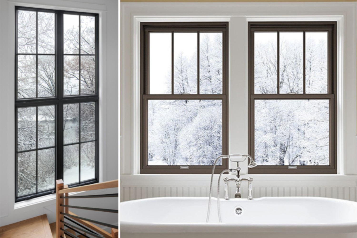 Two sets of casement windows. One set is in a stairwell and the other set is above a bathtub.