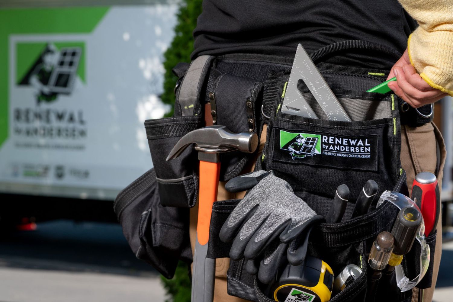 Renewal by Andersen installation technician tool belt filled with professional installation tools