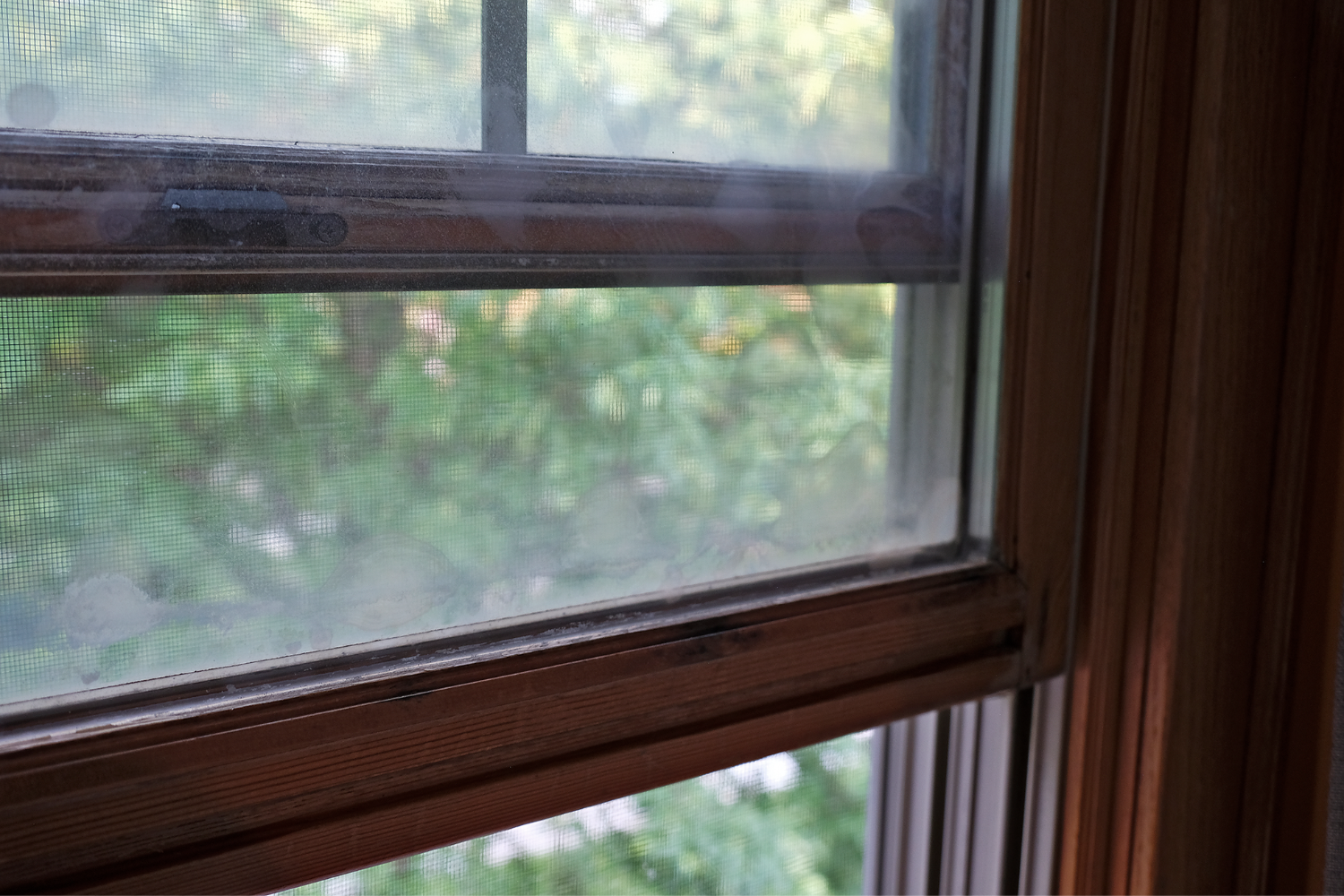 A close up of a brown foggy window