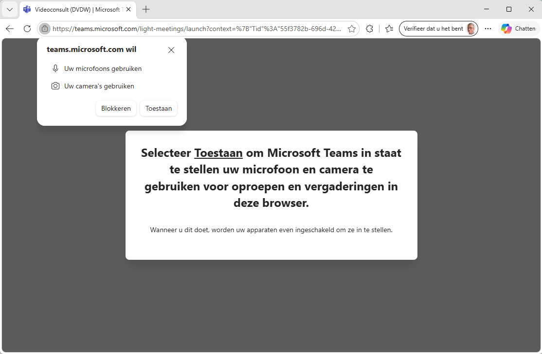 Screenshot browser deelnemen toestemming camera een microfoon Teams