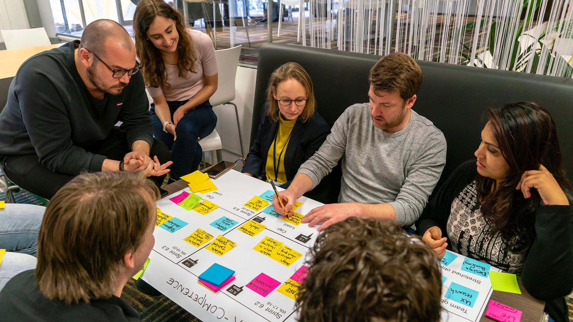 A group of ASML software specialists gather around a table with a large sheet of paper with post-it notes on it.