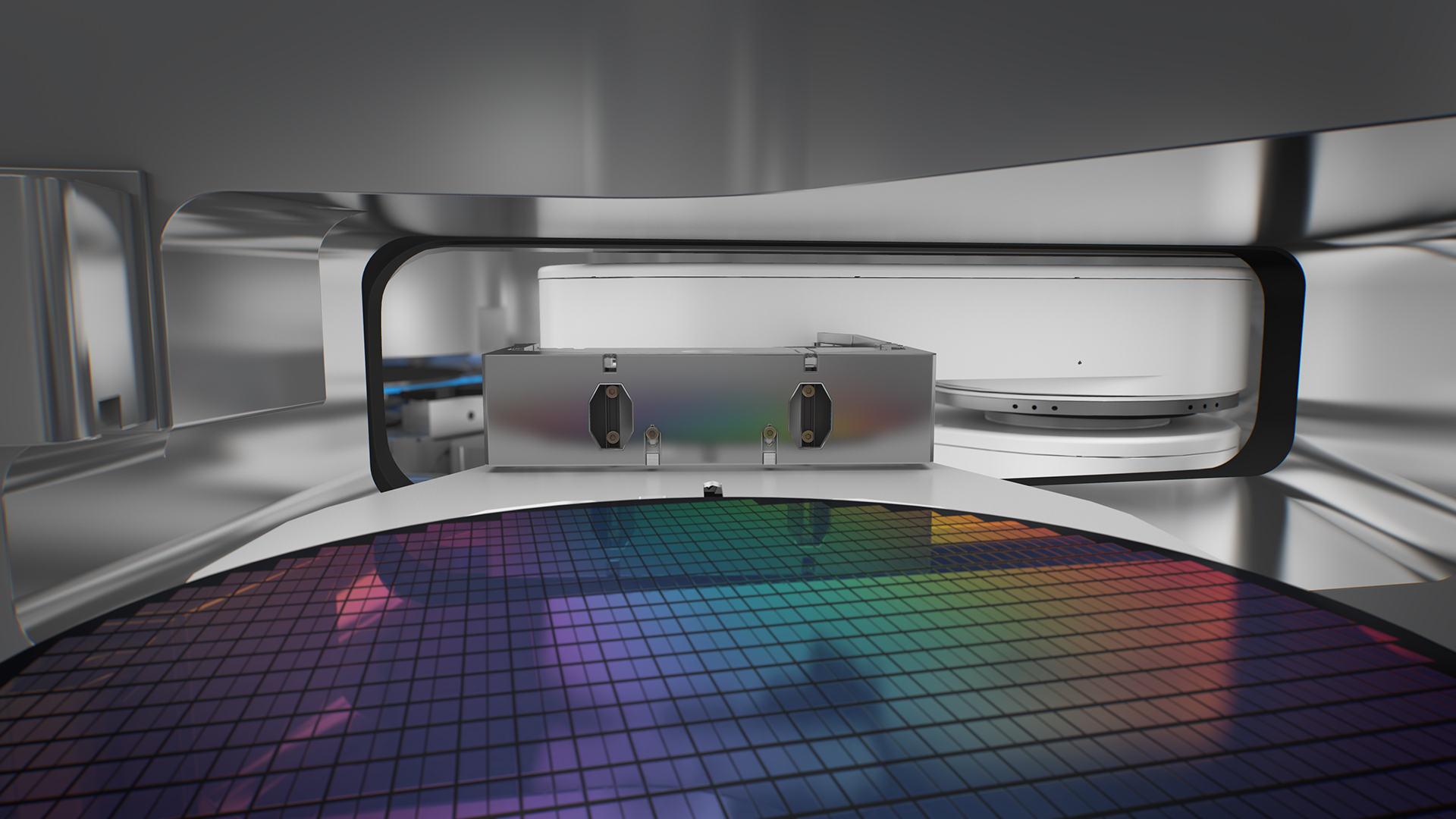 A silicon wafer inside a lithography machine