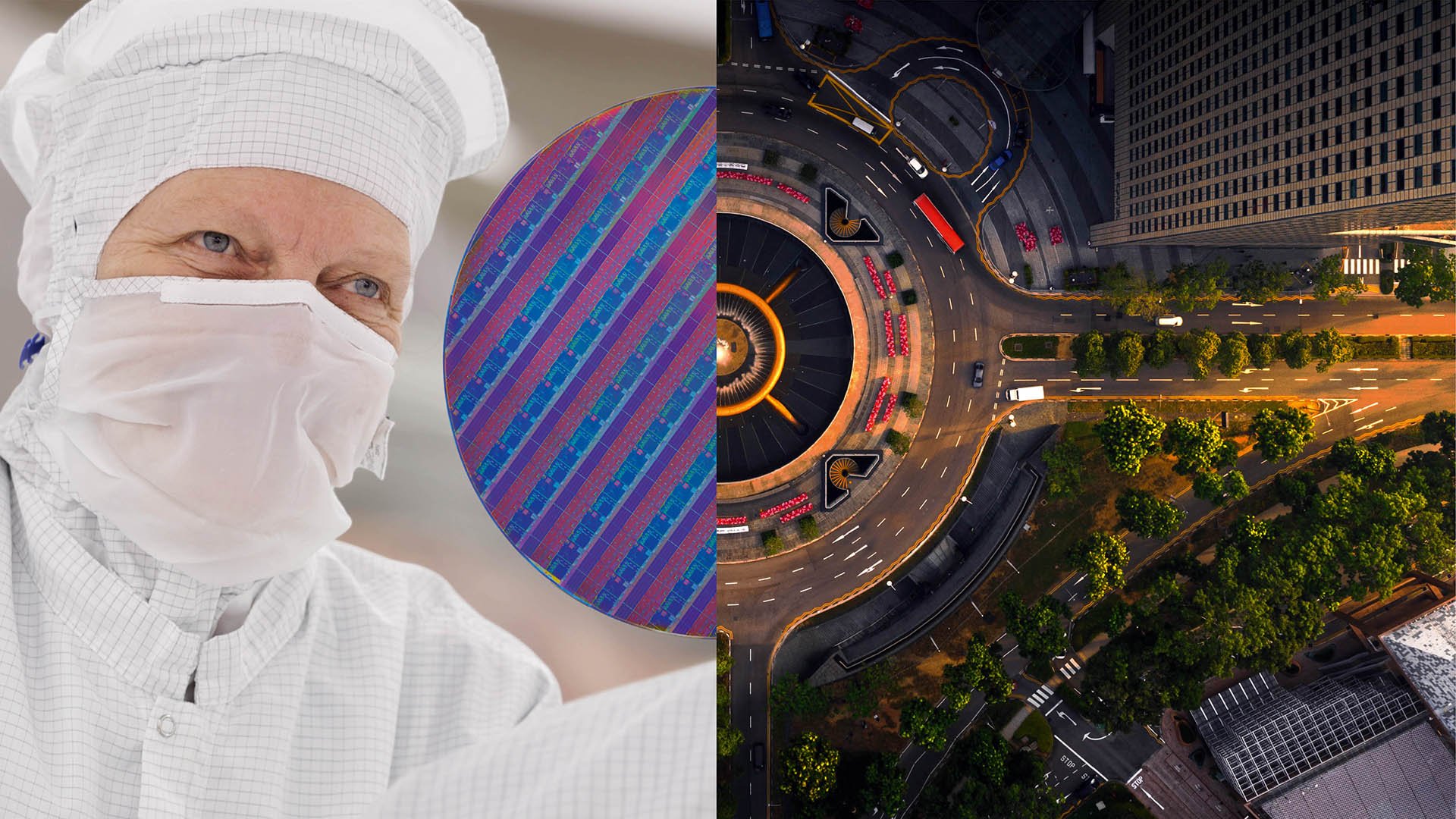 Collage image featuring a technician in a cleanroom suit looking at a silicon wafer and an aerial view of a city intersection.
