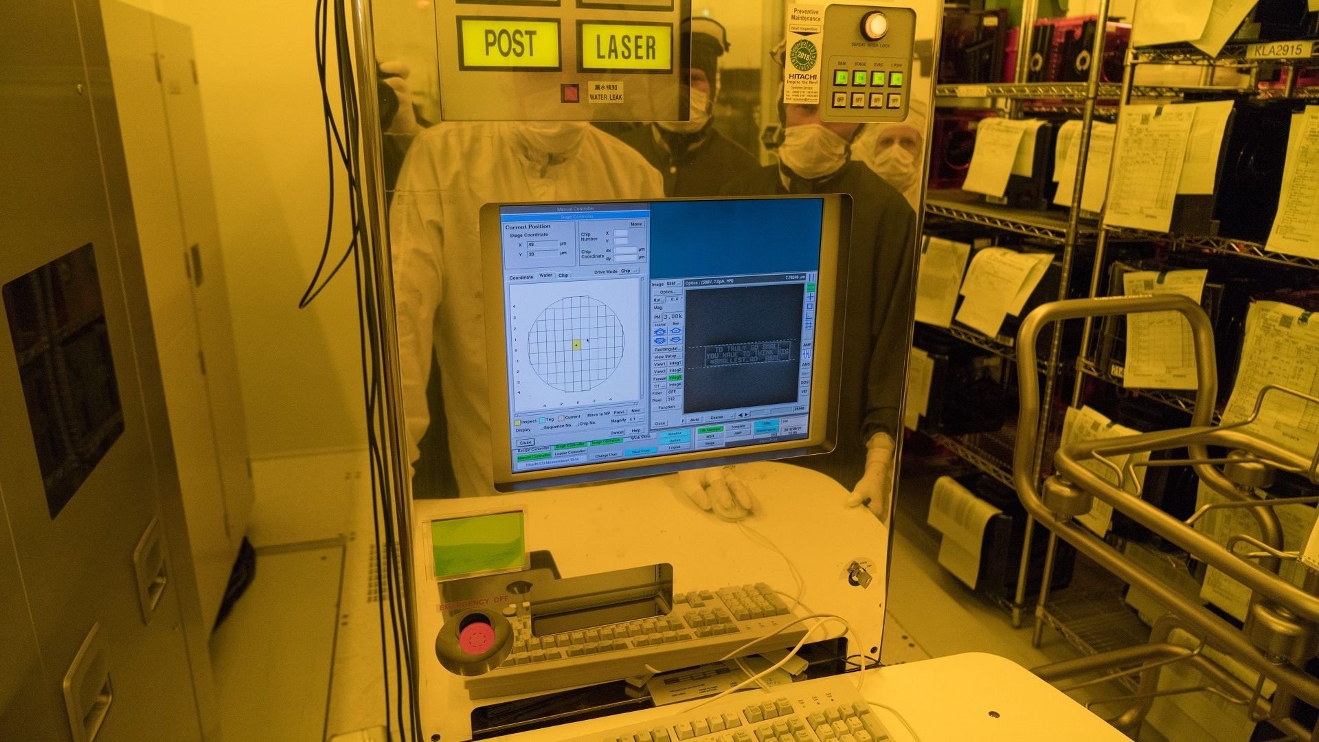 A wafer being assessed in a scanning electron microscope in ASML's cleanroom in Veldhoven, the Netherlands.