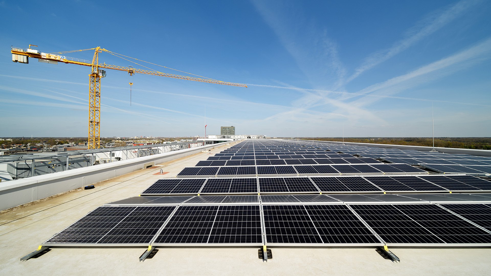Solar panels covering the roof of an ASML warehouse in Veldhoven, the Netherlands.