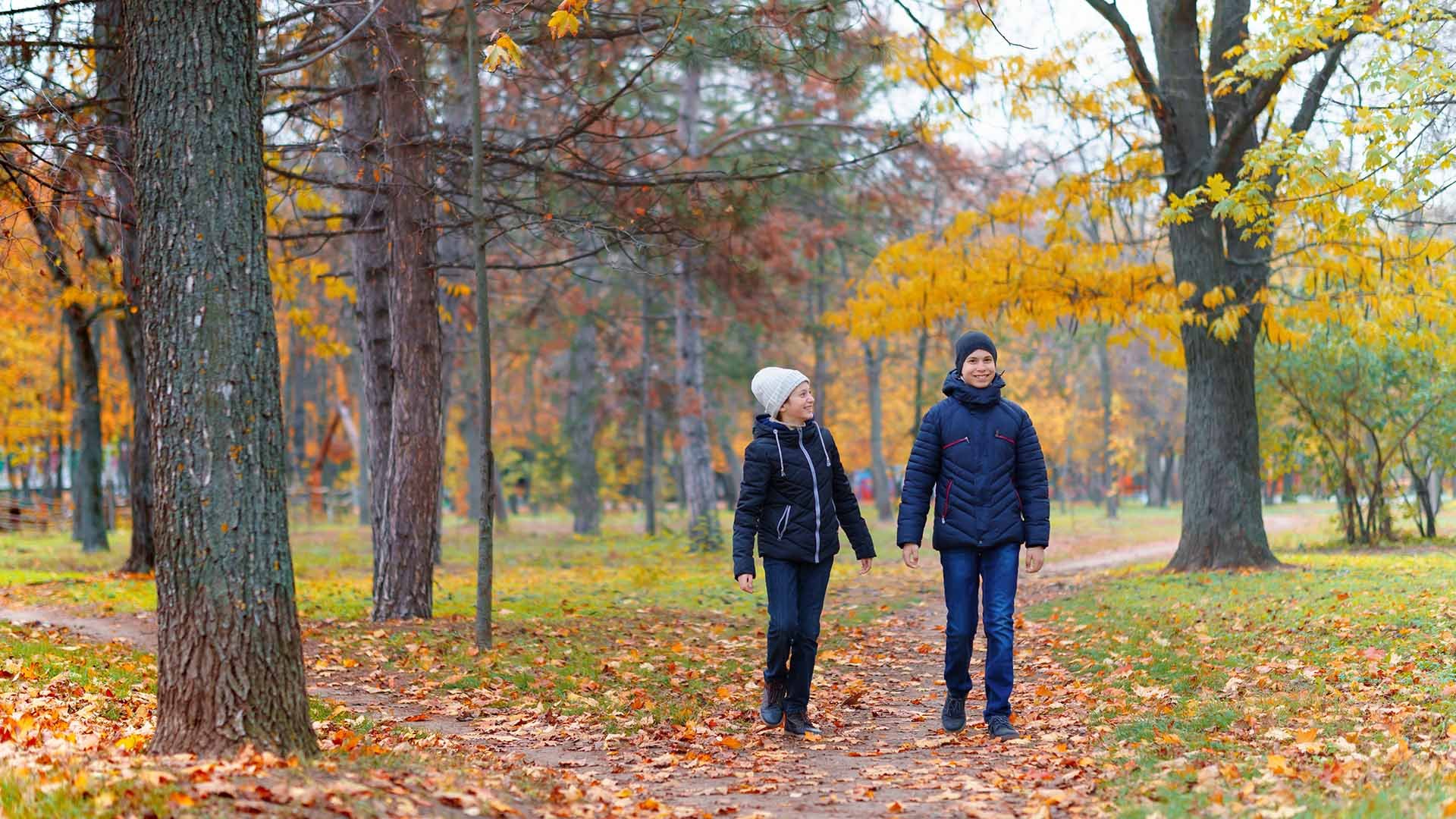 Two people taking a walk in a park.