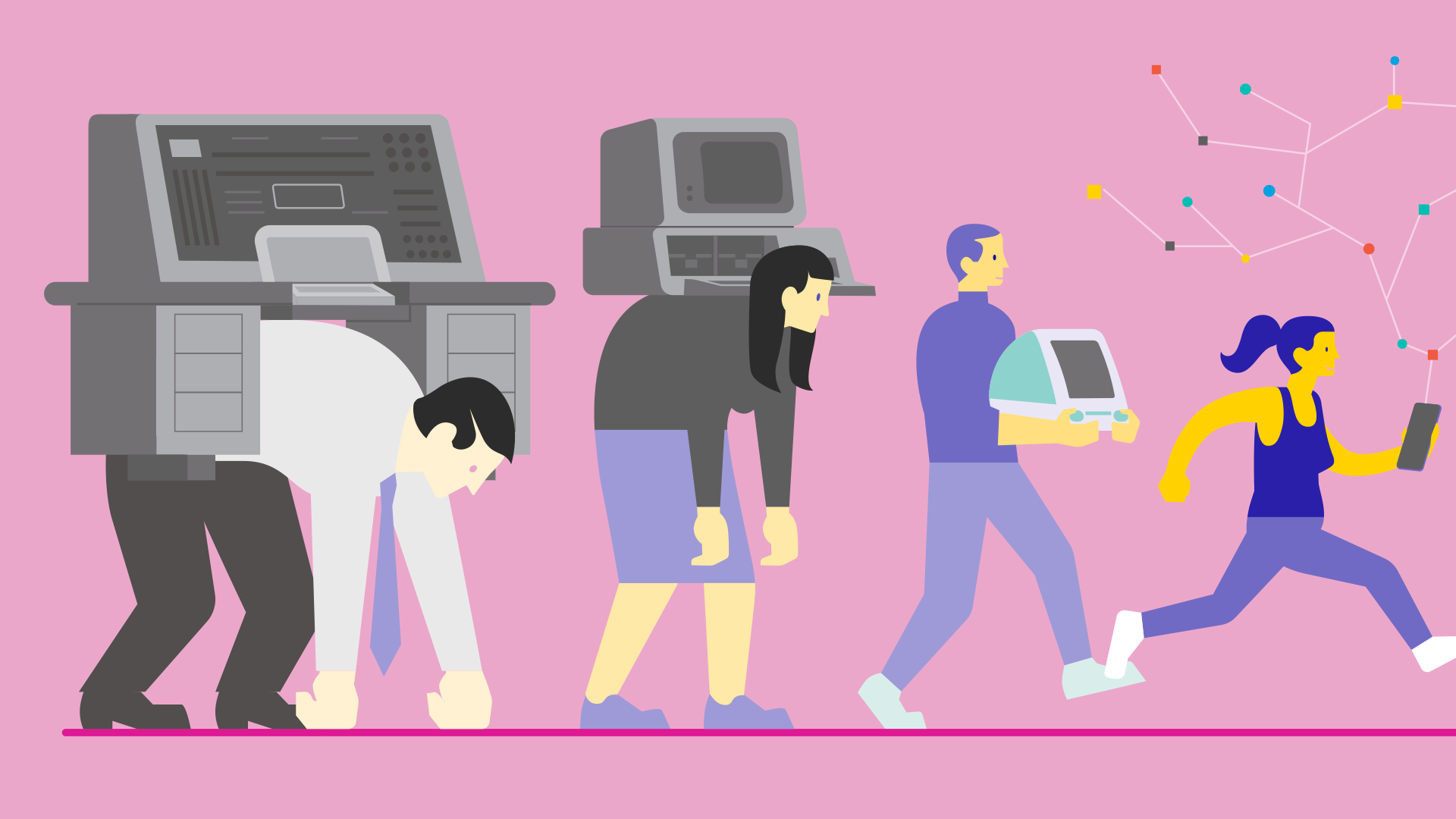 Ann illustration of four people, the first carrying a huge computer and progressing to smaller and smaller devices along the line